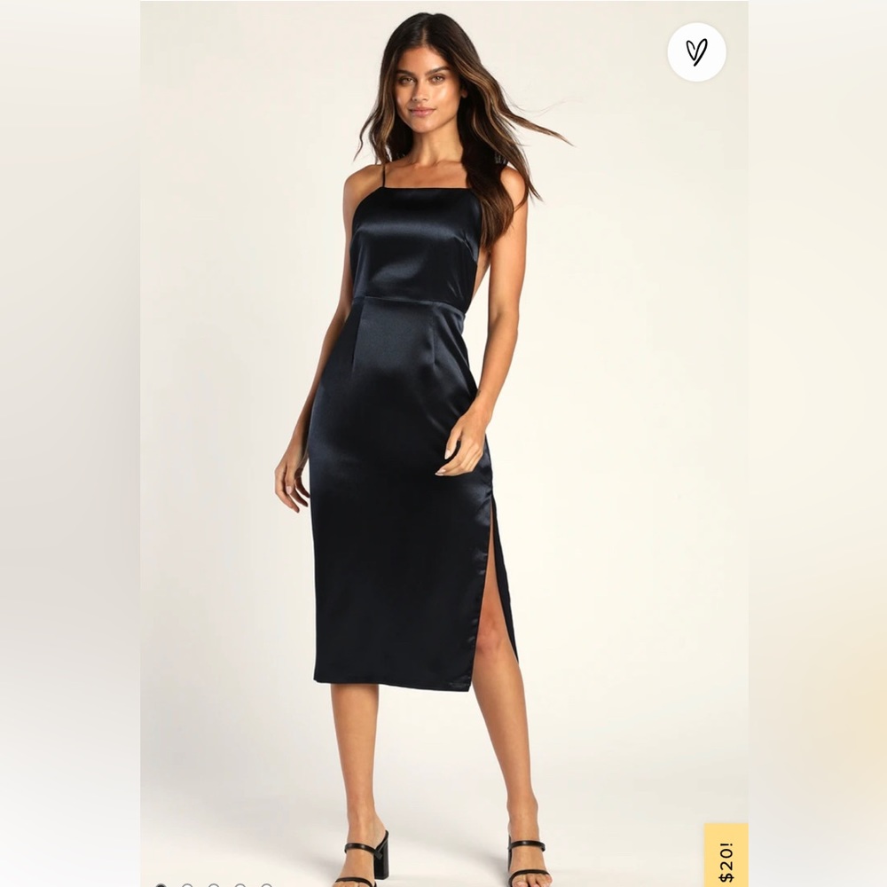 Lulus Adoring Attitude Navy Blue Satin Column Midi Dress XL NWT